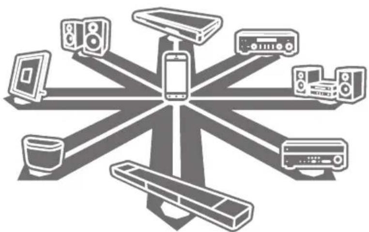 Diagram of a central device connected to eight peripheral devices (no text or symbols)