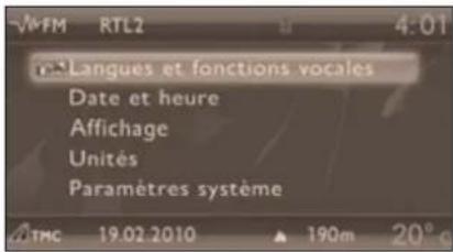 Langues et fonctions vocales Date et heure Affichage Unités Paramètres système ATMC 19.02.2010 190m 20°