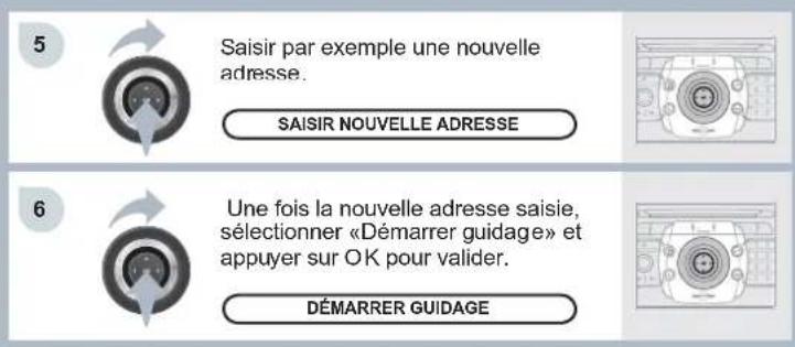5 Saisir par exemple une nouvelle adresse. SAISIR NOUVELLE ADRESSE 6 Une fois la nouvelle adresse saisie, sélectionner «Démarrer guidage» et appuyer sur OK pour valider. DÉMARRER GUIDAGE