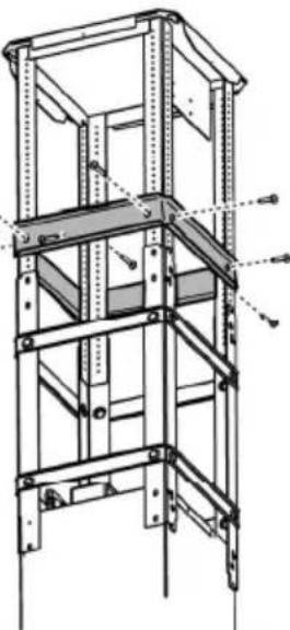 Technical line drawing of a multi-level metal shelving unit with vertical supports and structural beams (no text or symbols)