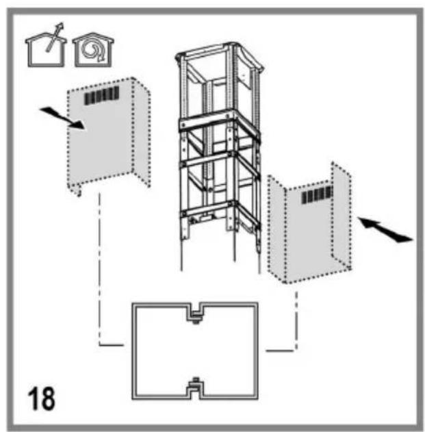 Technical diagram showing a multi-level elevator shaft installation with labeled components and directional arrows indicating assembly or movement.