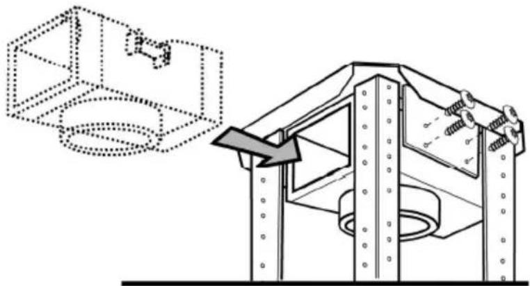 Technical diagram showing a mechanical assembly with a 3D box and a directional arrow, no text or symbols present.
