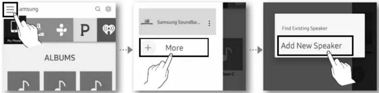 graph LR A["Samsung Soundba"] --> B["More"] B --> C["Add New Speaker"]