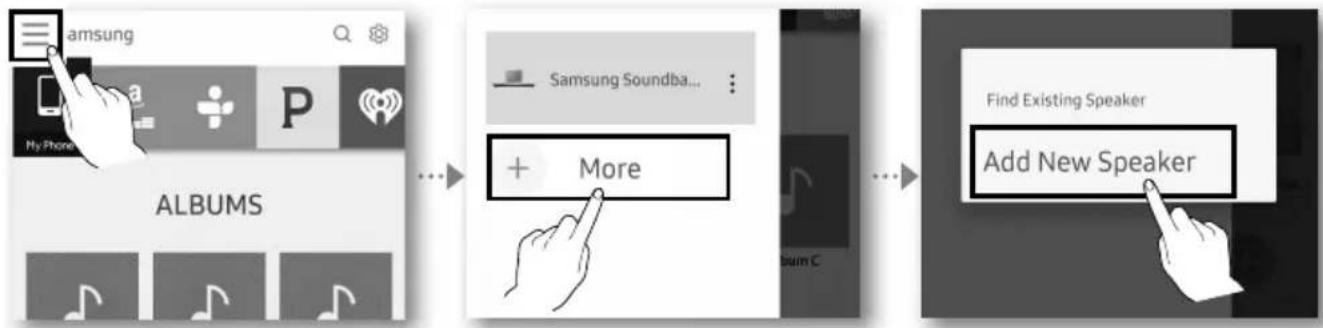 graph LR A["My Phone"] --> B["Albums"] B --> C["+ More"] C --> D["Find Existing Speaker"] D --> E["Add New Speaker"]