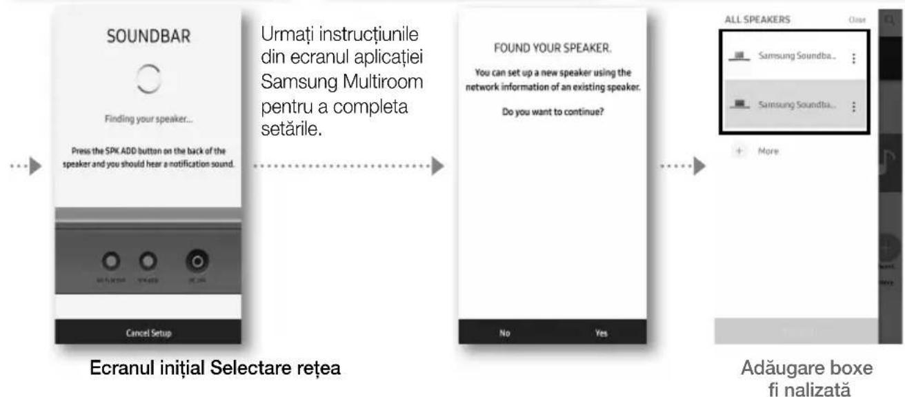 graph LR A["SOUNDBAR"] --> B["Finding your speaker..."] B --> C["Press the SPIK ADD button on the back of the speaker and you should hear a notification sound."] C --> D["Cancel Setup"] D --> E["Urmati instrucțiunile din ecranul aplicatiei Samsung Multiroom pentru a completa setările."] E --> F["FOU…