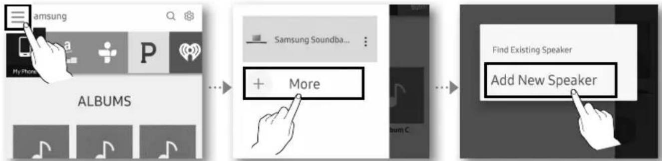 graph LR A["My Phone"] --> B["Albums"] B --> C["More"] C --> D["Find Existing Speaker"] D --> E["Add New Speaker"]