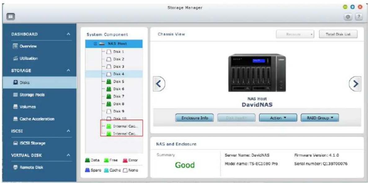 Storage Manager DASHBOARD Overview Utilization STORAGE Disks Storage Pools Volumes Cache Acceleration ISCSI iSCSI Storage VIRTUAL DISK Remote Disk System Component NAS Host Disk 1 Disk 2 Disk 3 Disk 4 Disk 5 Disk 6 Disk 7 Disk 8 Disk 9 Disk 10 Internal Cac... Internal Cac... Chassis View Enclosure T…