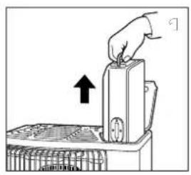 Illustration of a hand using a tool to press or install a device, with an arrow indicating upward motion (no text or symbols present)