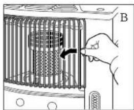 Illustration of a hand inserting a spring into a refrigerator panel (no text or symbols visible)