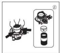 Diagram showing a mechanical device with labeled components and a magnified view of its internal structure.