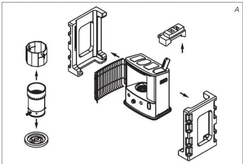 Exploded view diagram of a mechanical device with labeled components and directional arrows indicating assembly or assembly steps.