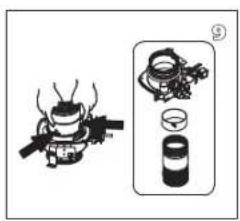 Diagram showing a mechanical device with labeled parts and a magnified view of a cylindrical component.