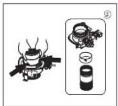 Diagram showing a mechanical device with labeled components and a magnified view of its internal components.