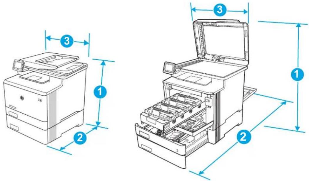 Technical diagram showing two views of a printer with labeled parts and dimension annotations