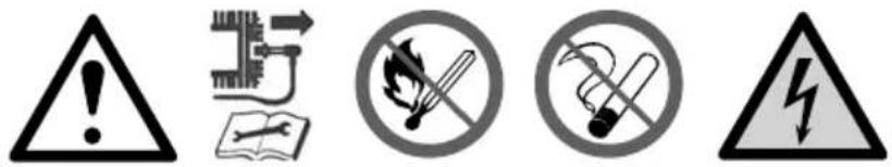 Warning symbols including warning triangle, circuit diagram, cigarette stopper, no smoking, and lightning bolt