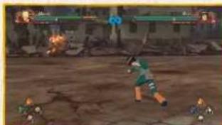 Game scene showing a character fighting on a cracked ground with two distant characters and a burning wall in the background (no visible text or symbols)