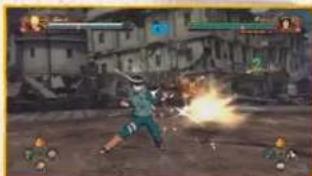 Game scene showing a character fighting with explosions in front of a damaged building (no visible text or symbols)