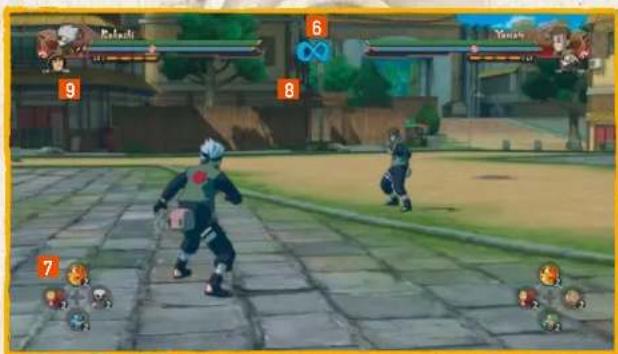 Game screenshot showing character fighting in a park with numbered annotations and game interface elements