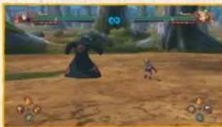 Game scene with character in a hooded cloak on sandy terrain, surrounded by trees and distant games (no visible text or symbols)