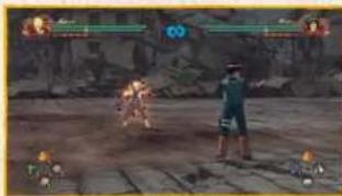 Game screenshot showing a character fighting with two other characters in the background, one holding a sword and the other holding a sword.