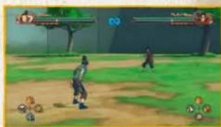 Game scene with two main characters fighting on a grassy field, surrounded by other characters (no visible text or symbols)