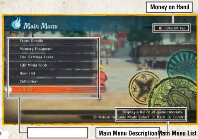 Main Menu Event Details Memory Fragment The 50 Ninja Tasks Edit Ninja Tools Item List Collection Tutorial 726:2001 Ryo Money on Hand Display a list of all game tutorials. Return to Game Mode Select Back Confirm Main Menu Description Main Menu List
