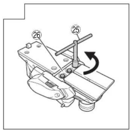Technical diagram of a mechanical clamp or fixture with numbered parts and an arrow indicating rotational motion.