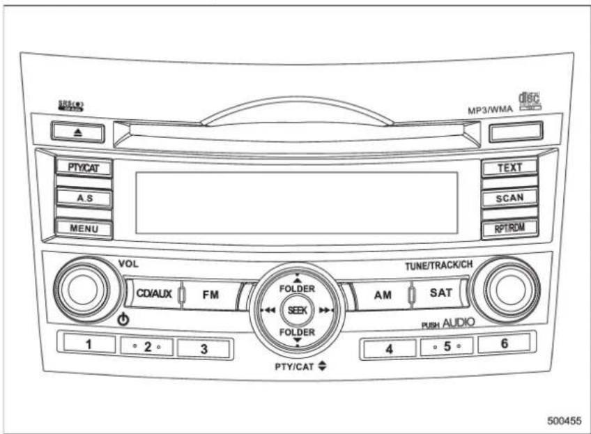 MP3/WMA disc PTY/CAT A.S MENU TEXT SCAN RPT/ROM VOL CD/AUX FM FOLDER SEEK FOLDER TUNE/TRACK/CH AM SAT PUSH AUDIO 1 2 3 4 5 6 PTY/CAT ◆ 500455