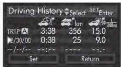 Driving History Select SET Enter TRIP 3:38 356 15.0 2/30/00 0:38 25 9.0 --/--/-- Set Return
