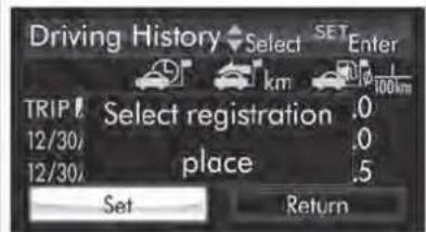 Driving History Select SET Enter km 100km TRIP Select registration .0 12/30 .0 12/30 place .5 Set Return