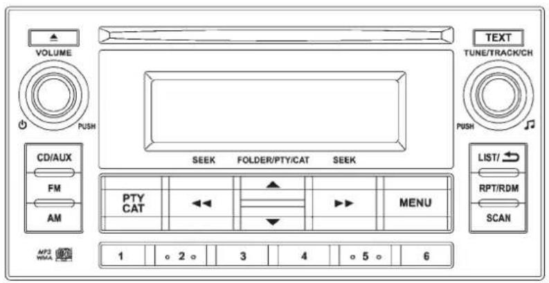 VOLUME PUSH CD/AUX FM AM MT3 WMA SEEK FOLDER/PTY/CAT SEEK PTY CAT MENU LIST/ RPT/RDM SCAN 1 2 3 4 5 6 TEXT TUNE/TRACK/CH PUSH