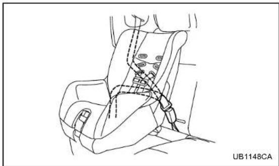 Line drawing of a car seatbelt with visible straps and hand placement (no text or symbols)