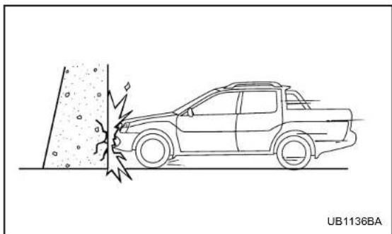 Line drawing of a pickup truck approaching a wall with a broken trunk, no text or symbols present