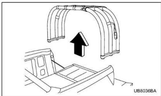 Technical line drawing of a mechanical bracket assembly with an upward arrow indicating motion (no text or symbols)
