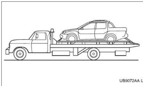 Line drawing of a flatbed truck with a pickup truck on its side (no text or symbols)