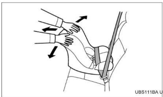 Illustration of a person performing a medical procedure on a vehicle seatbelt, with arrows indicating motion direction (no text or symbols)