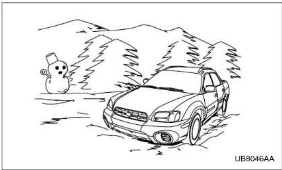Cartoon illustration of a snowman driving on a road with mountains in the background (no text or symbols)