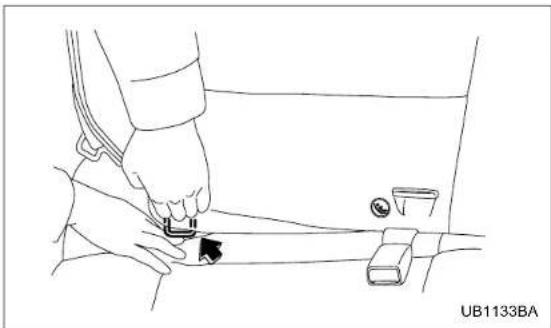 Line drawing of a hand adjusting a seatbelt on a car (no text or symbols)