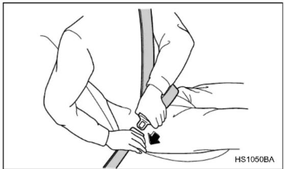 Illustration of a person adjusting a seatbelt with a belt, showing mechanical assembly (no text or symbols)