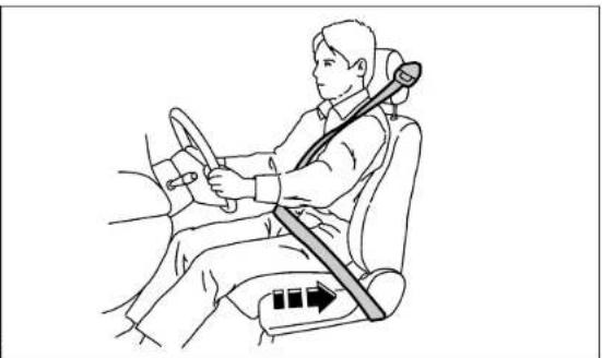 Line drawing of a person seated in a car, wearing a seatbelt and steering wheel (no text or symbols)