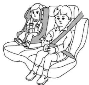 Illustration of two children sitting in a car seat, one wearing a seatbelt and the other holding a belt (no text or symbols)
