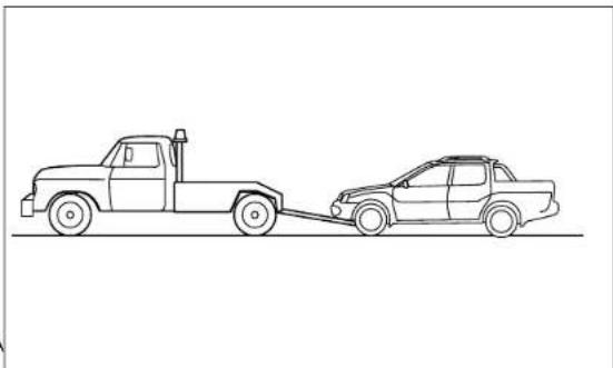 Line drawing of two vehicles, one pulling a tow truck and the other pulling a sedan (no text or symbols)