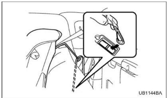Diagram showing a car interior with a close-up inset of a key inserted into a seatbelt (no text or symbols present)
