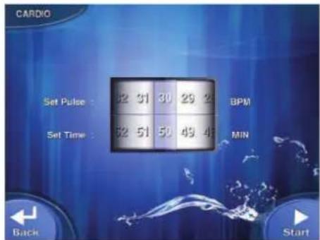 CARDIO Set Pulse : 62 31 30 29 24 BPM Set Time : 62 51 50 49 43 MIN Back Start