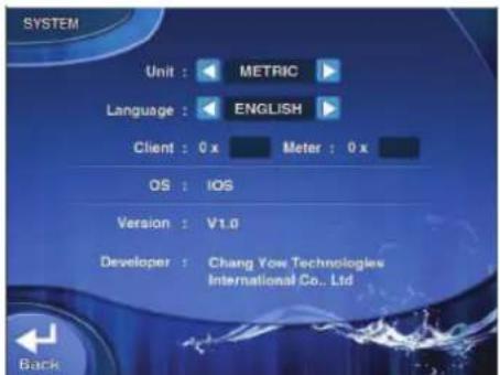 SYSTEM Unit : METRIC Language : ENGLISH Client : 0 x Meter : 0 x OS : IOS Version : V1.0 Developer : Chang Yow Technologies International Co., Ltd Back