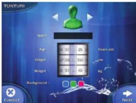 TUNTURI Name: Age : 27.01 - 39.0 Height : 57.567 - 81.04 Weight : 37.51 - 49.0 Years old cm kg Background : Cancel Next
