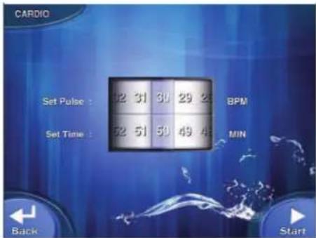 CARDIO Set Pulse : 12 31 30 29 25 BPM Set Time : 52 51 50 49 45 MIN Back Start