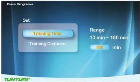 Préset Programmes Set Training Time Training Distance Range 10 min ~ 180 min 000 min TUNTURI®