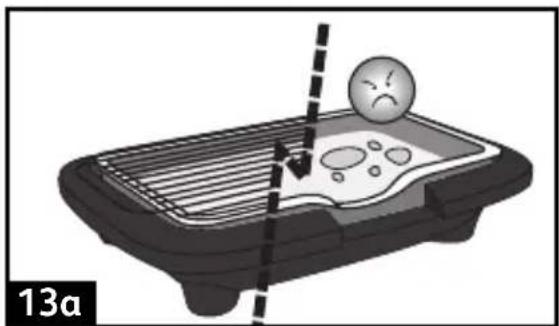 Illustration of a tray with a sad face and a vertical line, showing a droplet on the tray (no text or symbols)