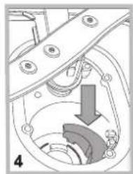 Mechanical assembly diagram showing a rotating component with a downward arrow indicating motion.